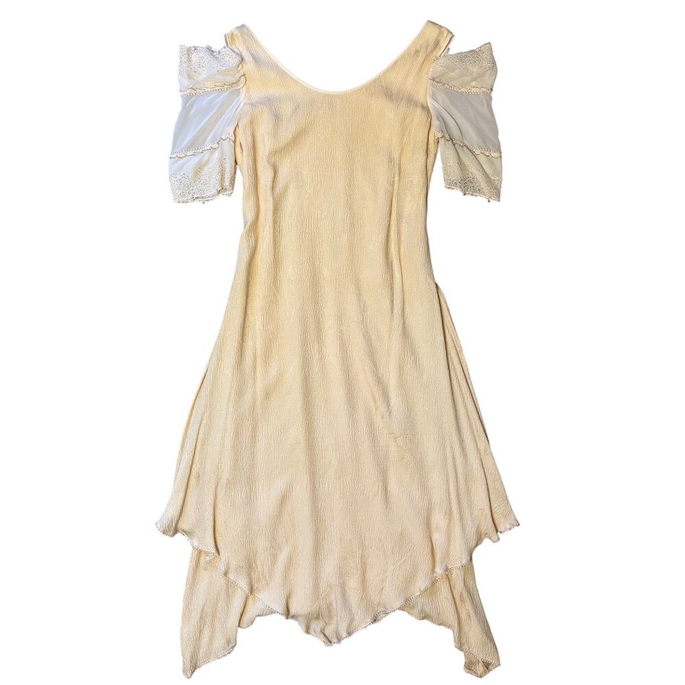 Carol Peretz 10 12 VTG Dress Maxi Gown Art Deco Nouveau 70’s Silk Formal Ivory